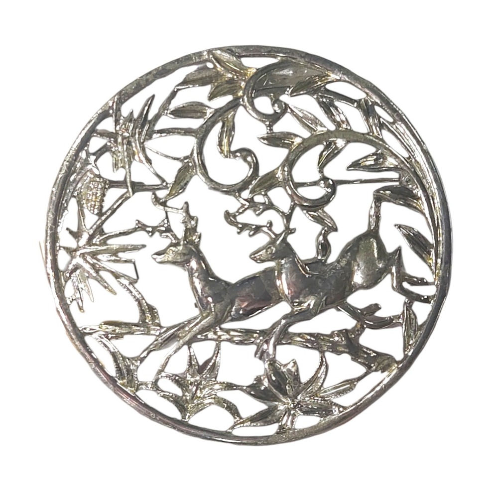 Sarah Coventry‎ Deer Stag Brooch Silver Tone Woodland Filigree Round Vintage